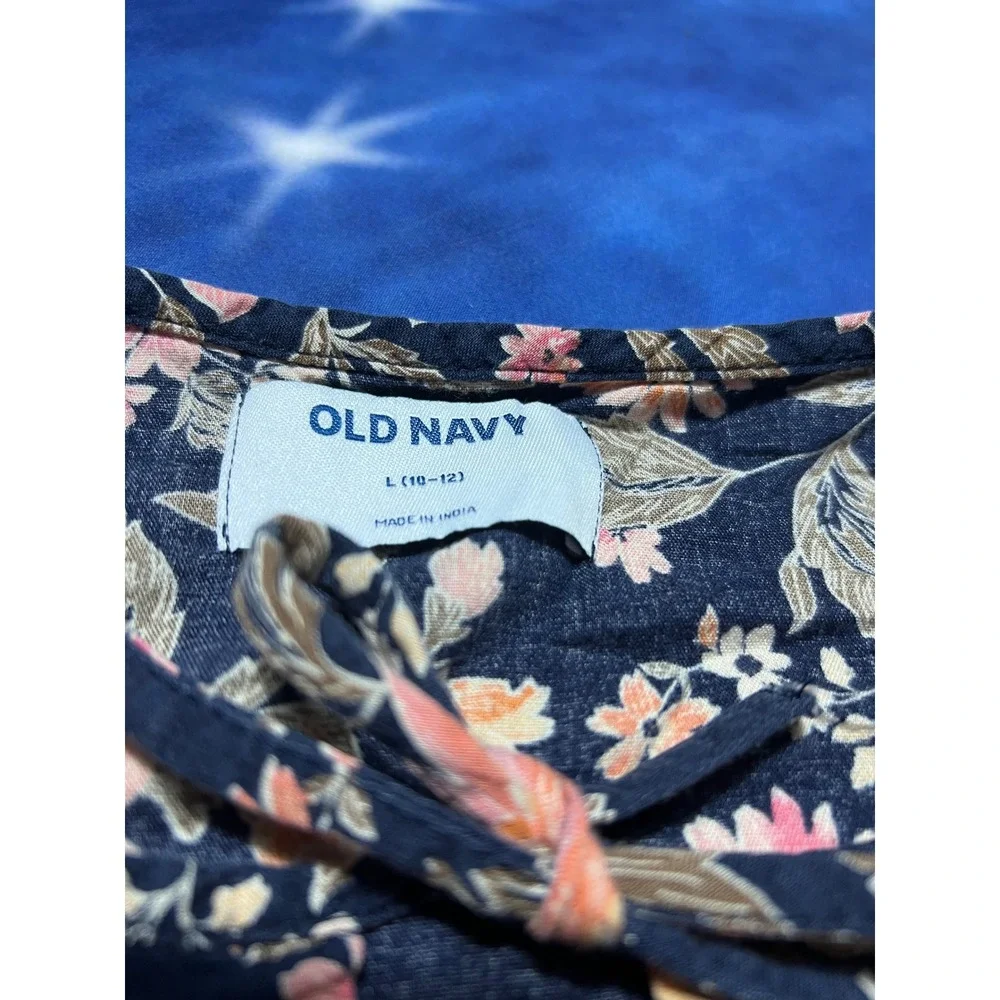 Old Navy Girls Floral Dress Navy Blue Peach Pink Ruffle Hem Size L 10-12